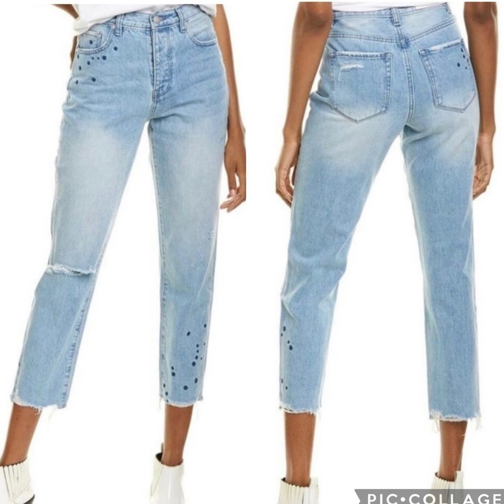 Neon Blonde NWT Size 26 Blue Siren Jeans High Rise Distressed Raw Hem Embroidery